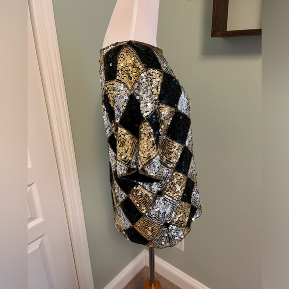 Vintage Gold Silver Black Sequin Checker Blouse Top Medium - Picture 2 of 9